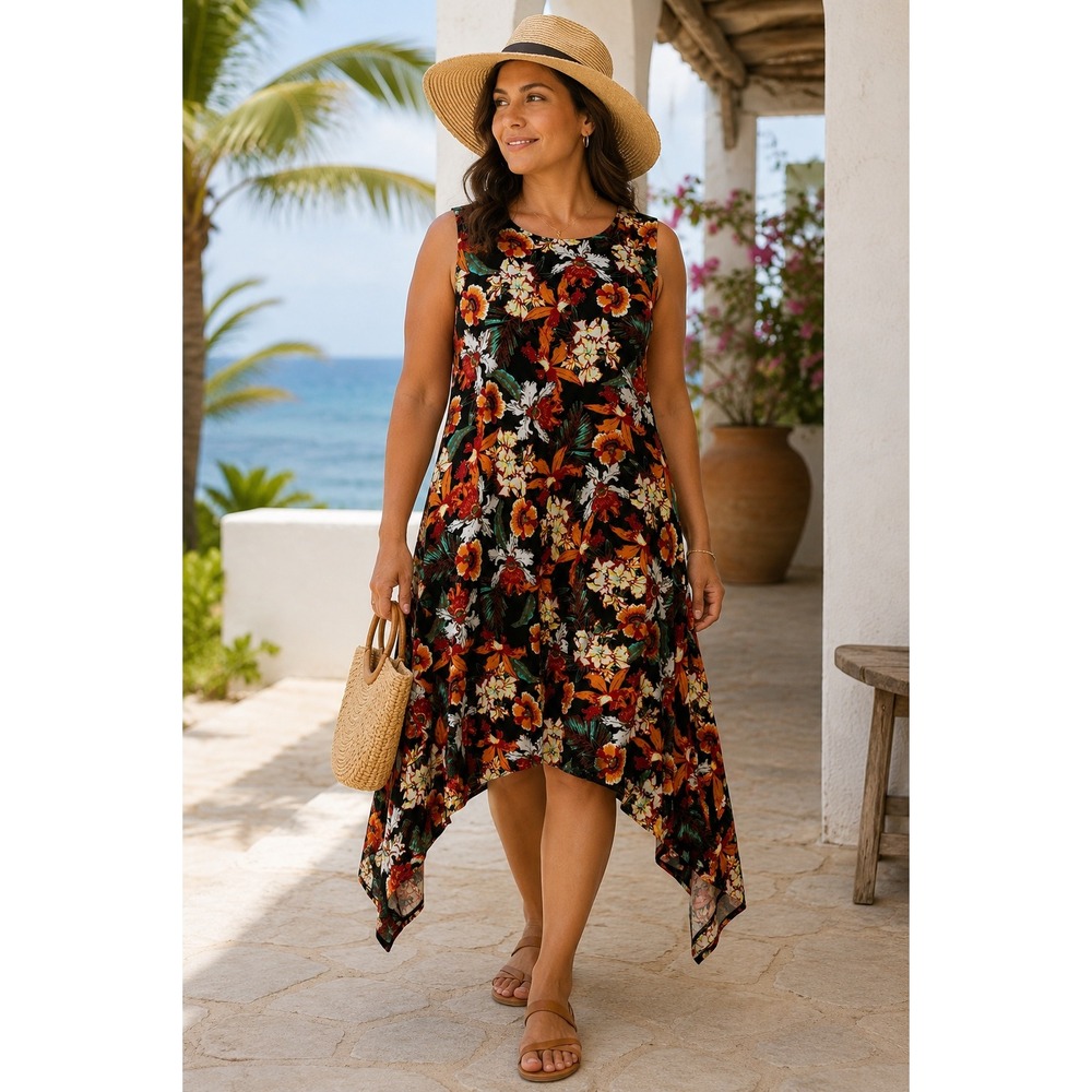 Grace Elements Womens Dress L Floral Handkerchief Hem Sleeveless Tropical A-Line